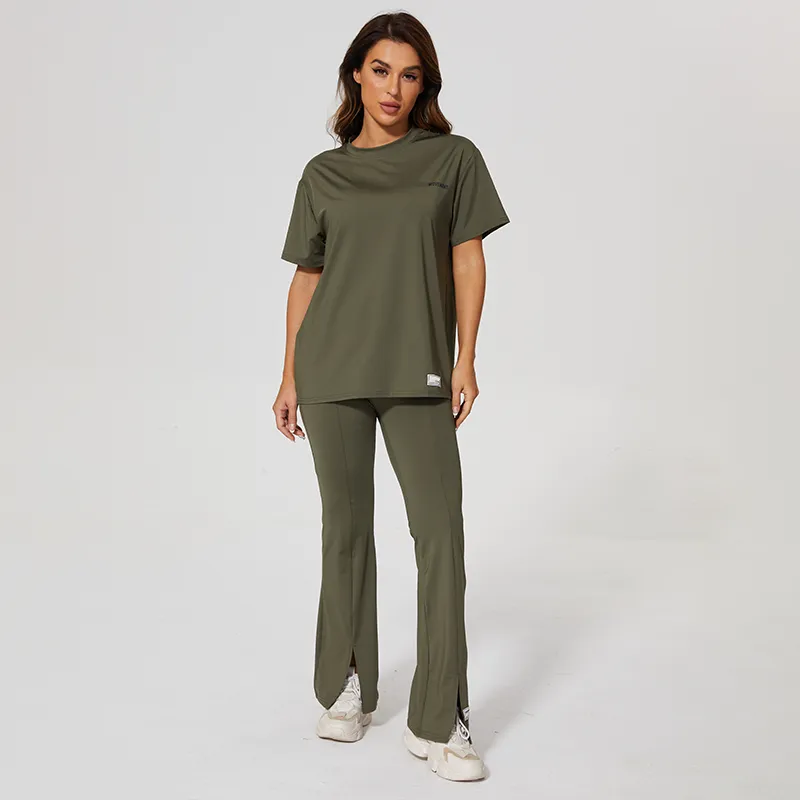 New European and American women's loose top and fishtail long pants set, short sleeved T-shirt, high waisted, slit hem pants, two-piece set