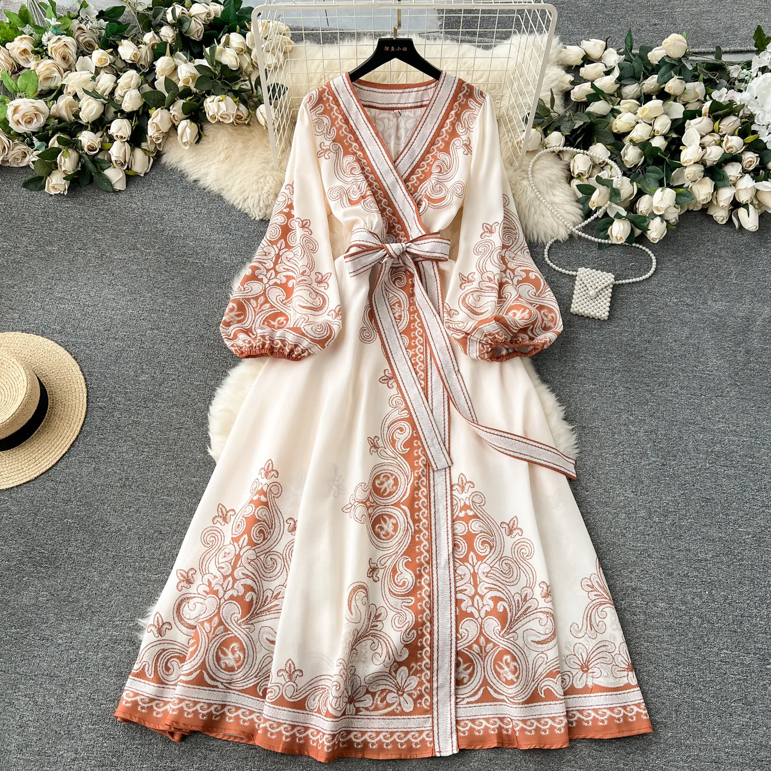 European style retro court style dress design with printed straps for slimming waist, one piece wrap around dress for women