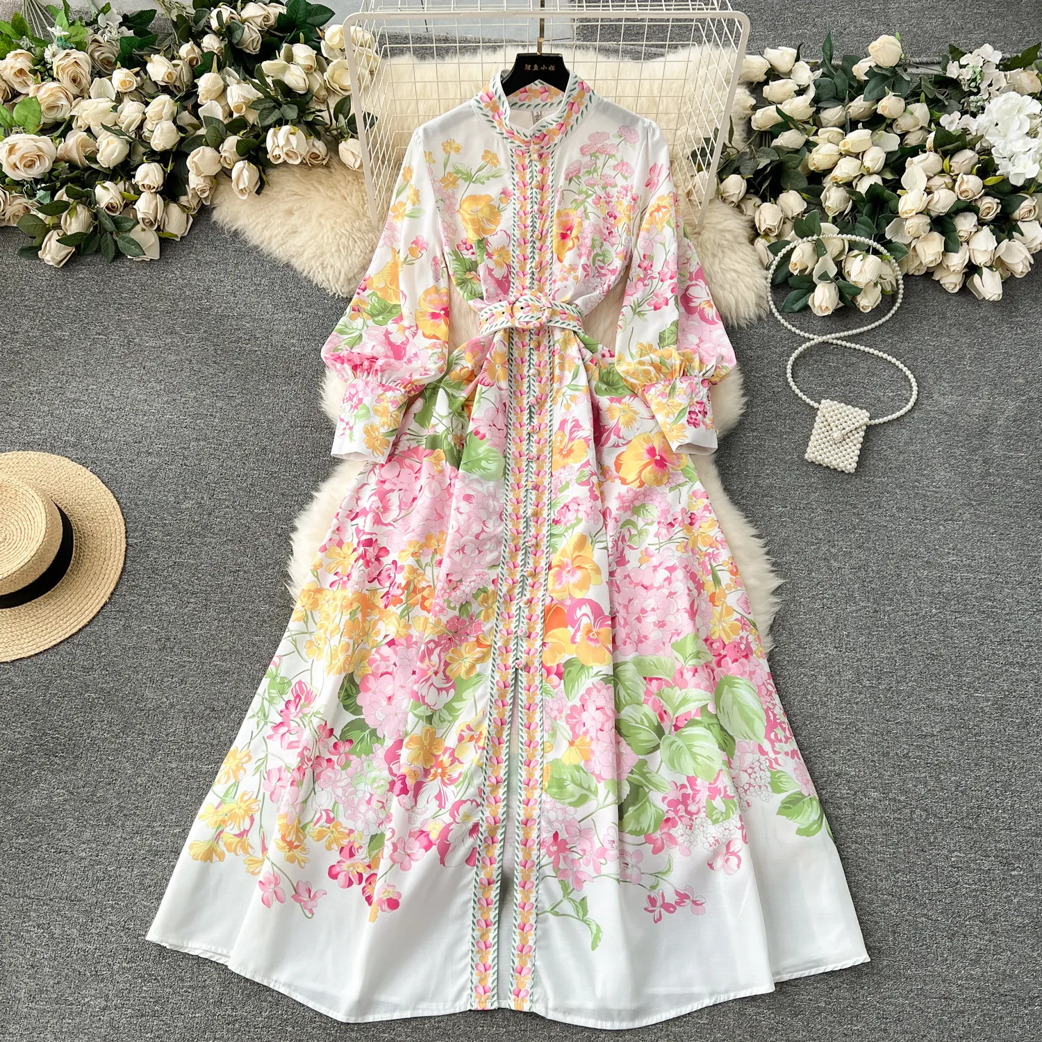 Fanhua series spring shirt stand up collar, breasted slim fit long French bubble sleeve dress, high-end vacation dress
