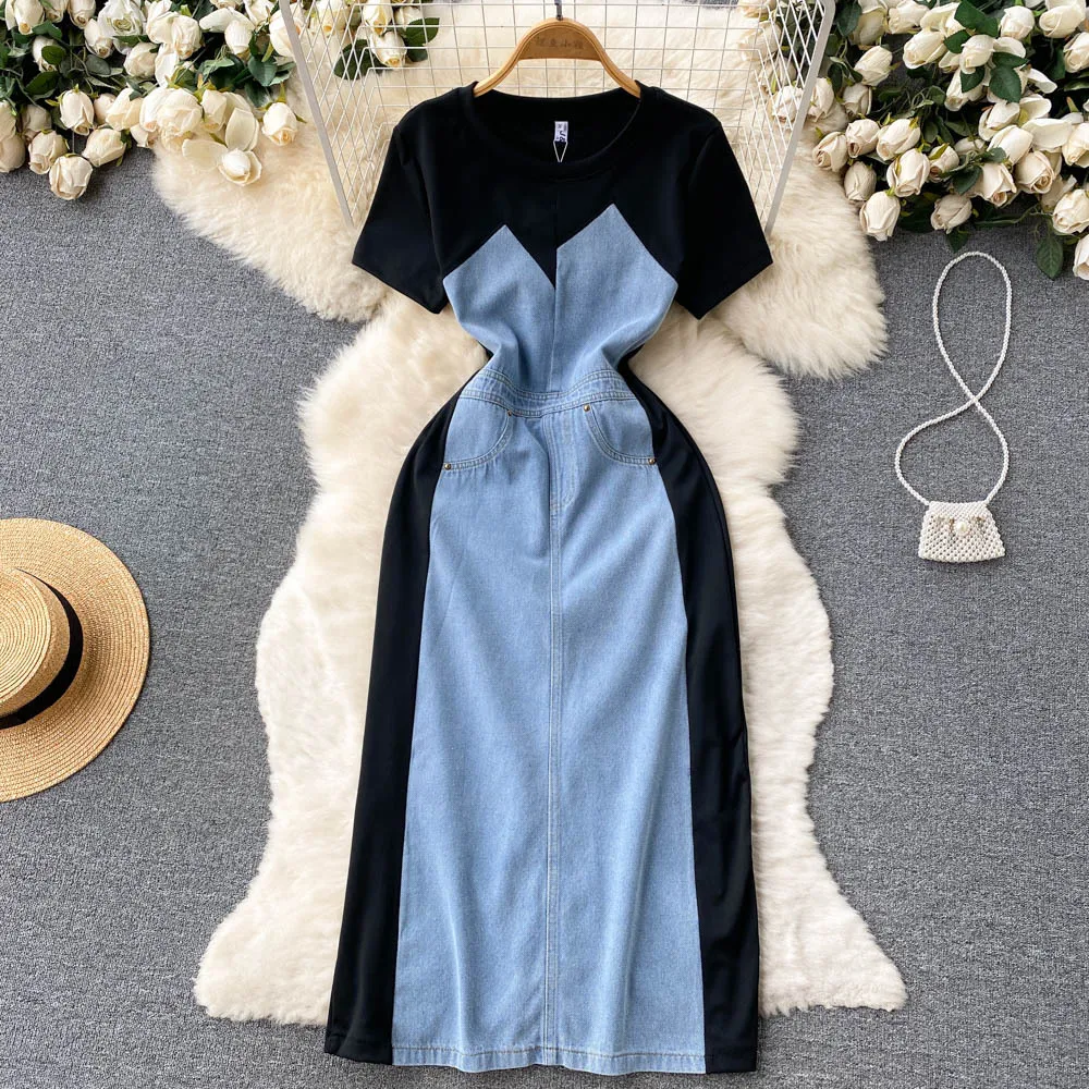 High end cool and cool style, contrasting denim patchwork dress, summer women's unique and beautiful waist length skirt trend