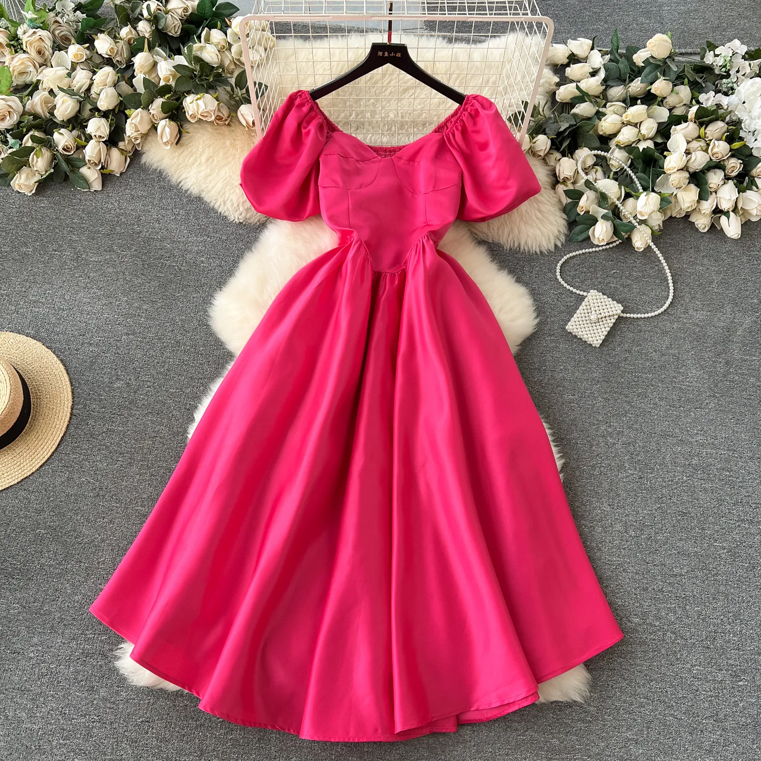 High end palace style dress with French bubble sleeves, slim fit and long length, princess skirt with large hem, socialite temperament dress for women