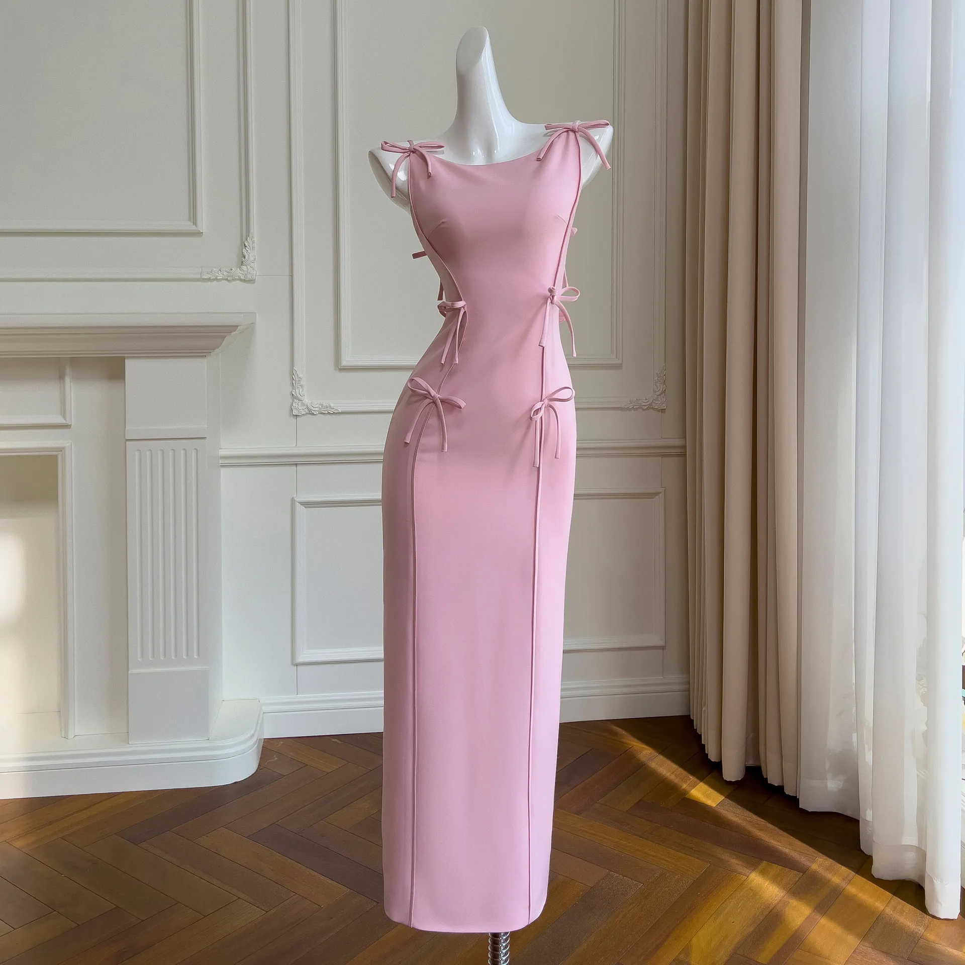 Pink Bow Waist Slimming Long Dress French Celebrity Elegance Charm Slim Slim Fit Small Dress Dress 68525