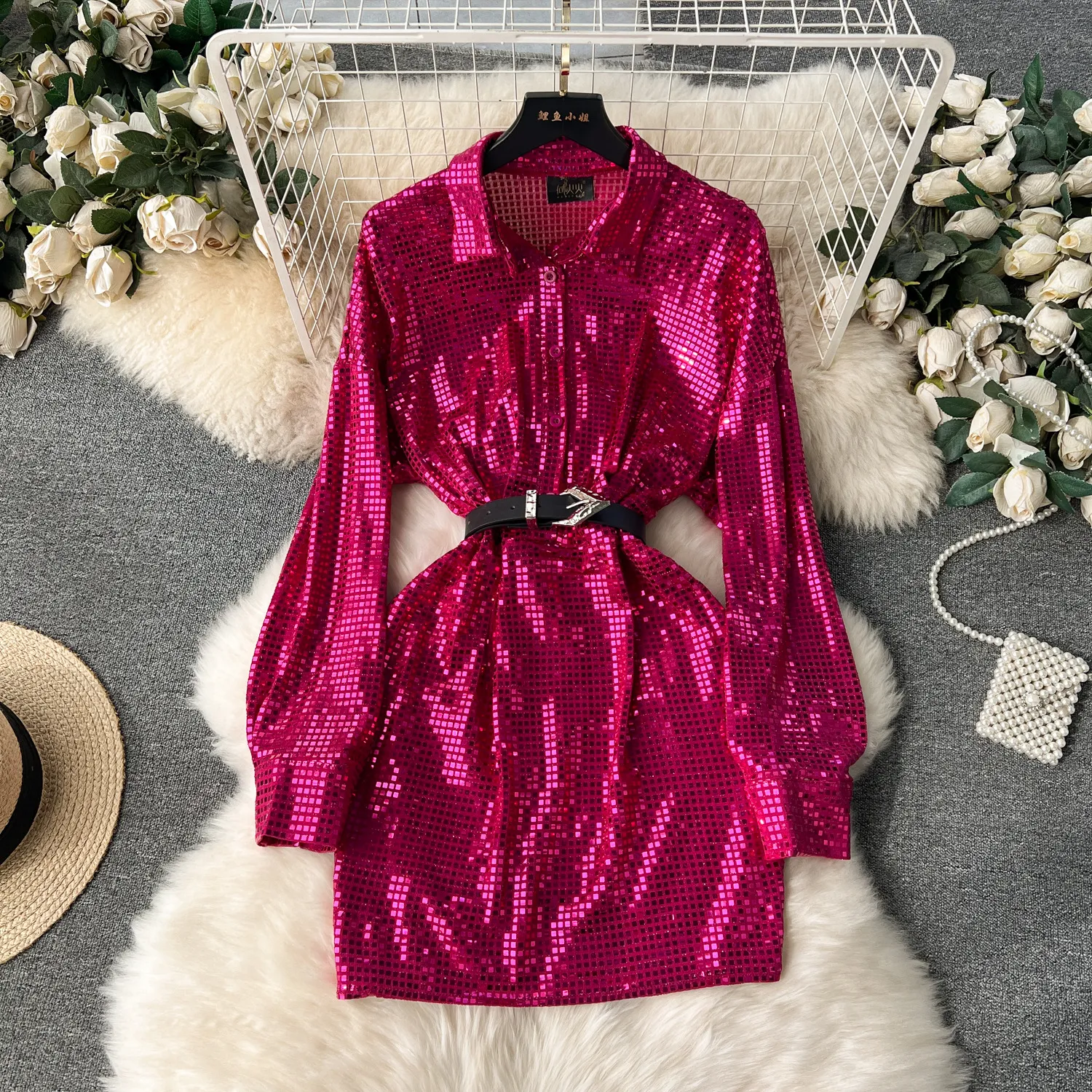 Light luxury and high-end shirt collar, breasted, slim fit, short buttocks wrapped skirt, heavy-duty sequin long sleeved elegant dress, spring dress