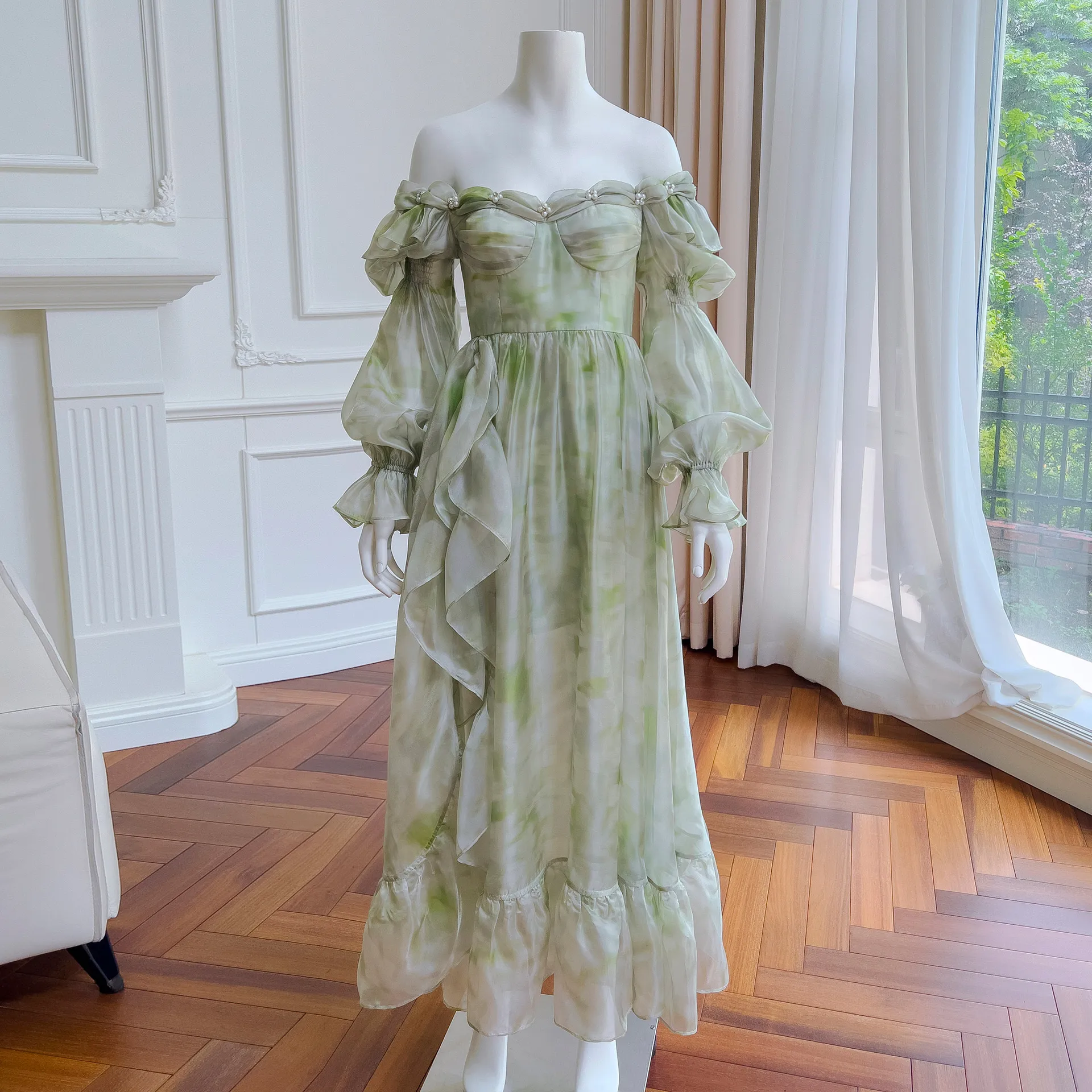 Celebrity Fashion French Elegant Small Fresh Green Halo Dyed Dress 68185+68264