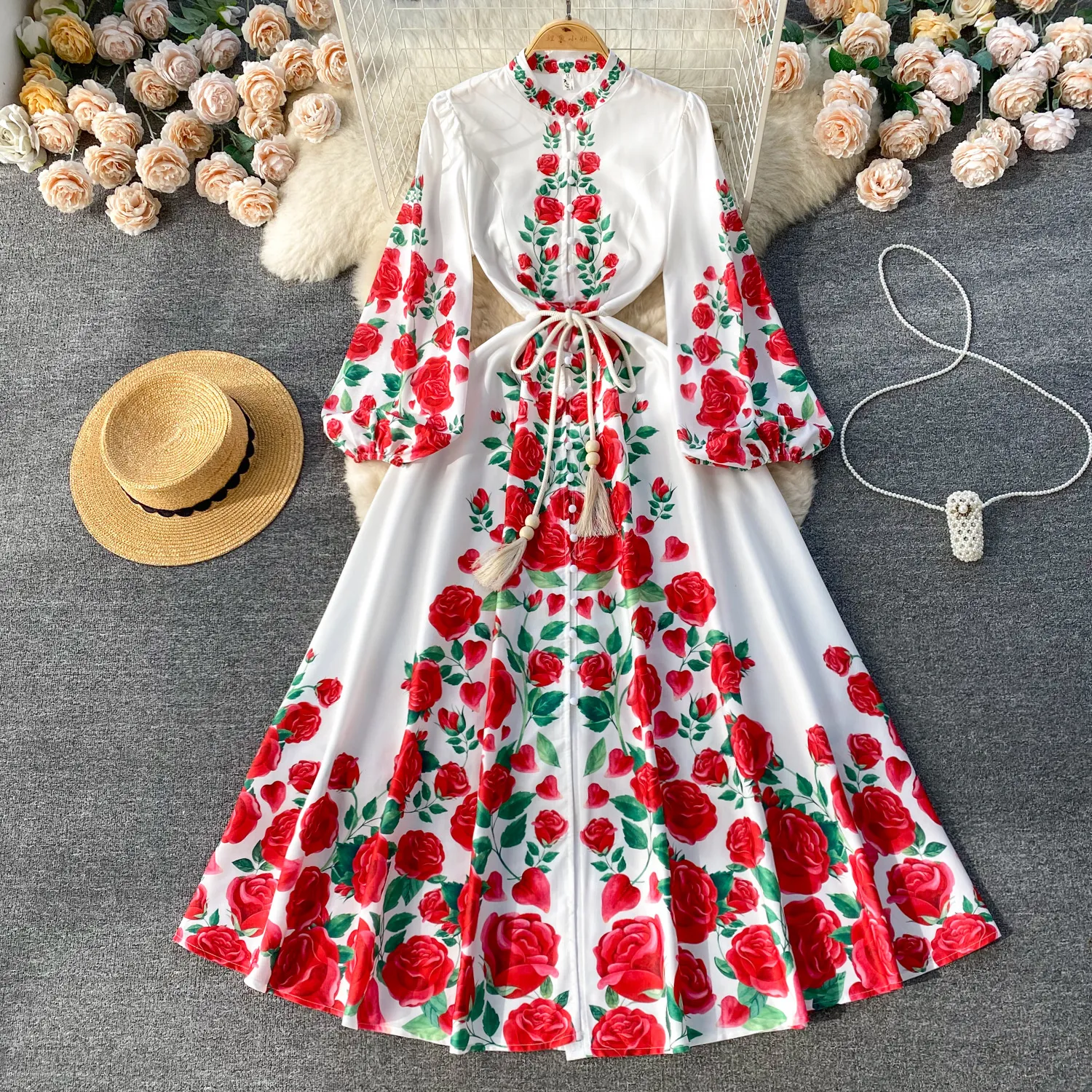 French formal dress, spring dress, women's 2024 new women's design, printed bubble sleeves, slim fit, long version holiday dress
