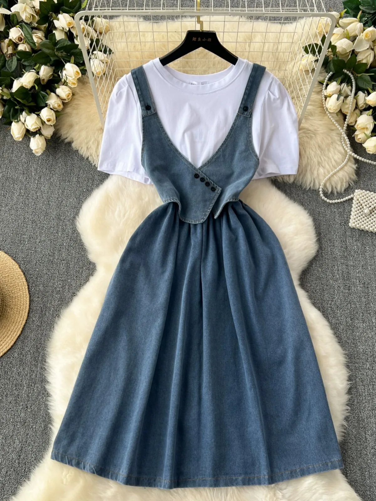 Korean style sweet and fake two-piece dress for women with a sense of niche design. Round neck bubble sleeve patchwork waist cinched denim skirt long skirt