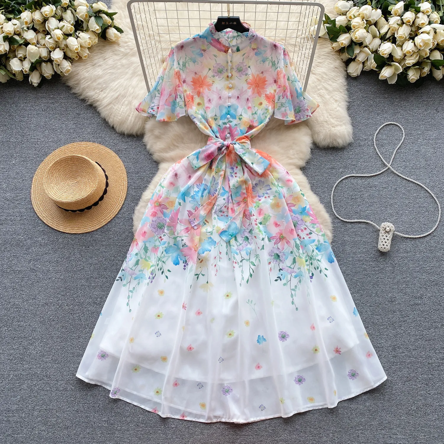 Fanhua series flower fairy vacation dress, women's design feeling, ruffle edge short sleeved slim fit medium length chiffon skirt
