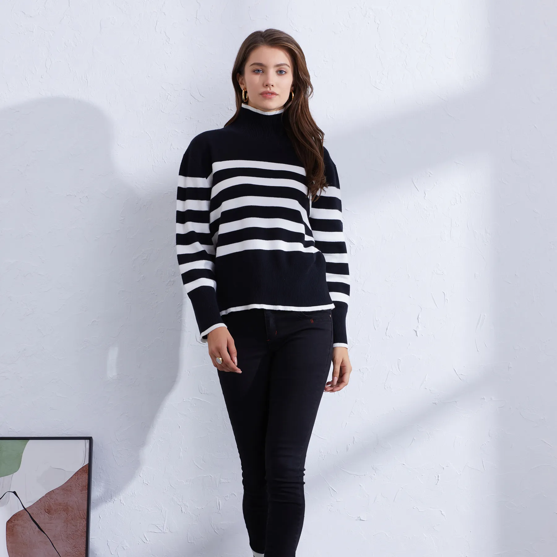 High necked black and white striped sweater for women with loose and retro knit top, thickened new lazy and luxurious feeling in autumn and winter