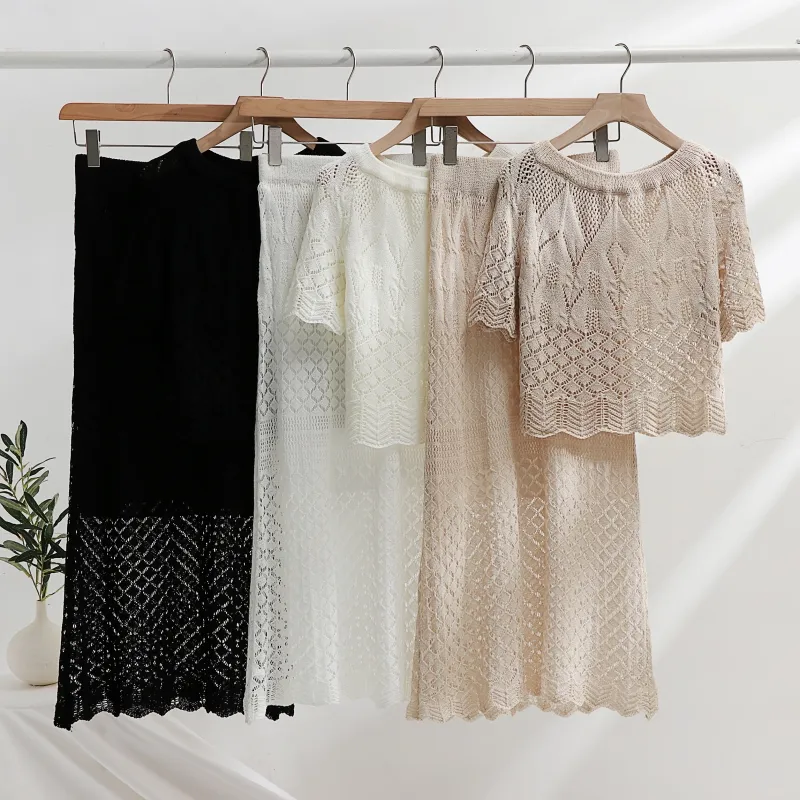 Hollow hook flower short sleeved knitted sweater top+high waisted slimming mid length ruffled skirt two-piece set for women