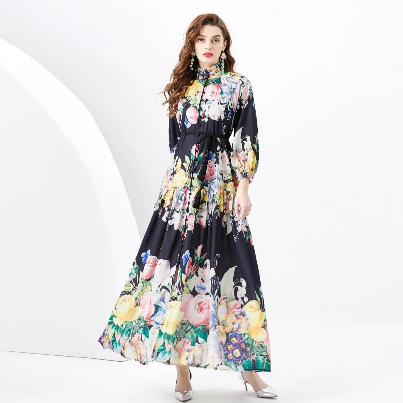 Fanhua series palace style dress, high-end printed bubble sleeves, button fit, slim fitting long style dress, spring dress