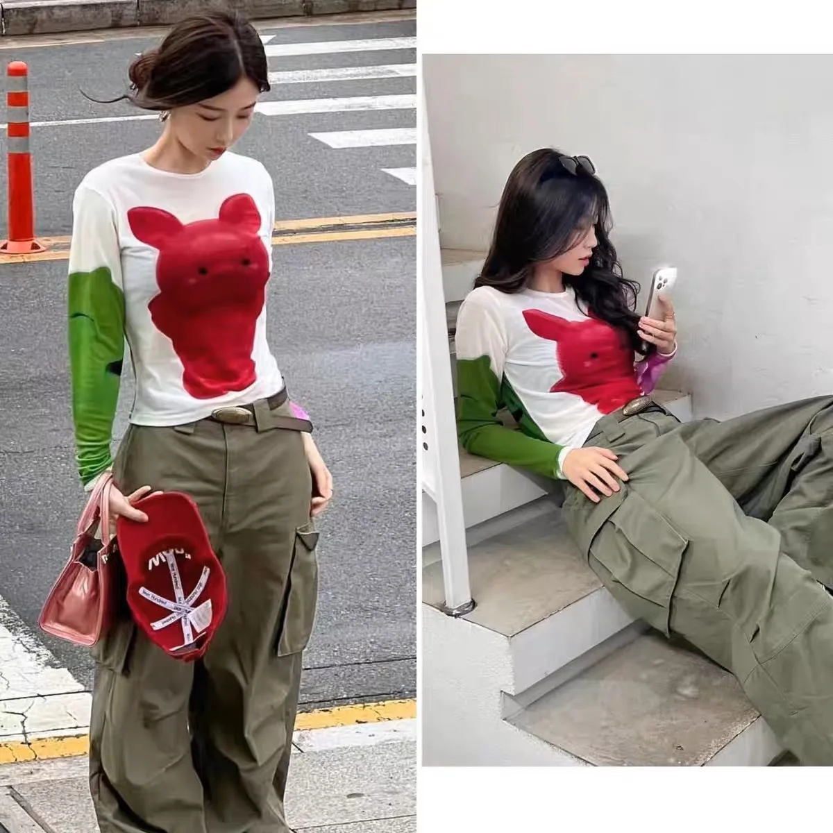 2023 New Yu Shuxin Star Same Pig Pattern Nylon Mesh Cartoon Pattern Printed Long sleeved T-shirt for Women