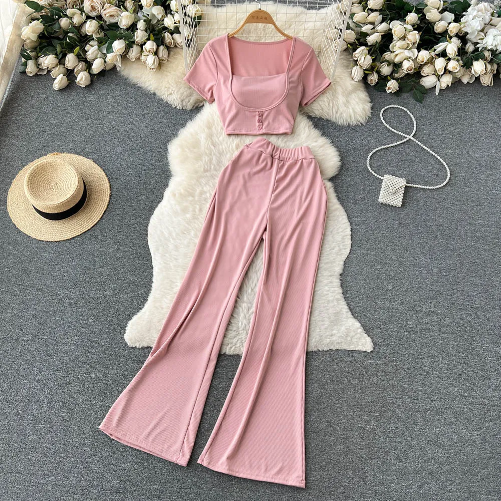 Spring/Summer Fashion Solid Color Sexy Square Neck Short Top with Chest Cushion, Hanging High Waist, Slightly Ragged Wide Leg Pants Two Piece Set