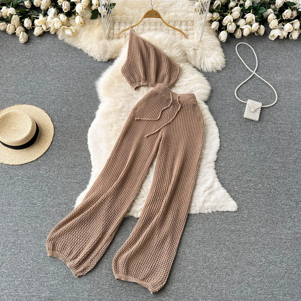 Beach tourism and vacation style sexy sloping shoulder vest set, 2022 summer new casual loose pants two-piece set