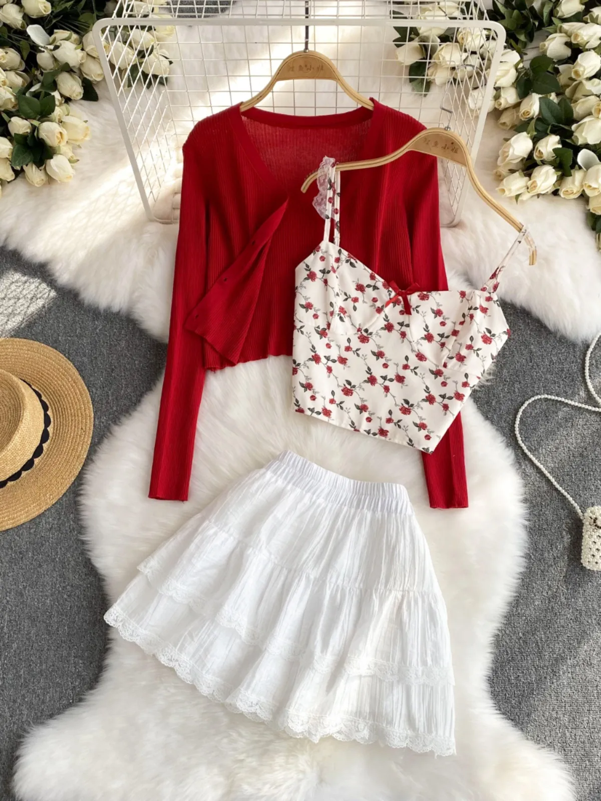 Pure Desire Style Three Piece Set for Women's Summer Dating Wear Sweet Fragrant Flower Suspended Tank Top, Shawl, Cardigan, Fluffy Half Skirt