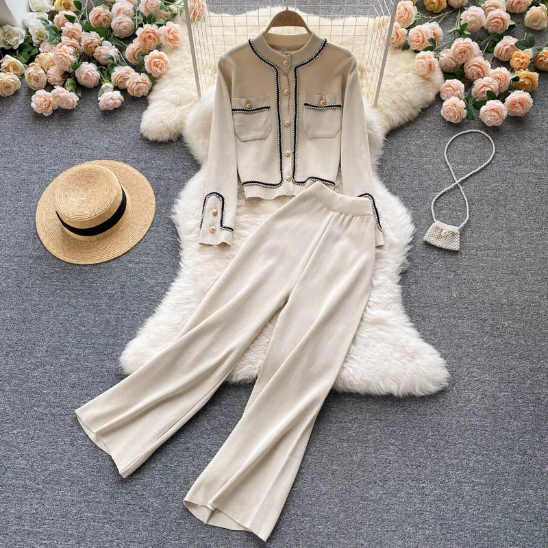 Light mature style knitted suit for women in autumn, new design sense, single breasted cardigan, high waist, slim and wide leg pants, two-piece set