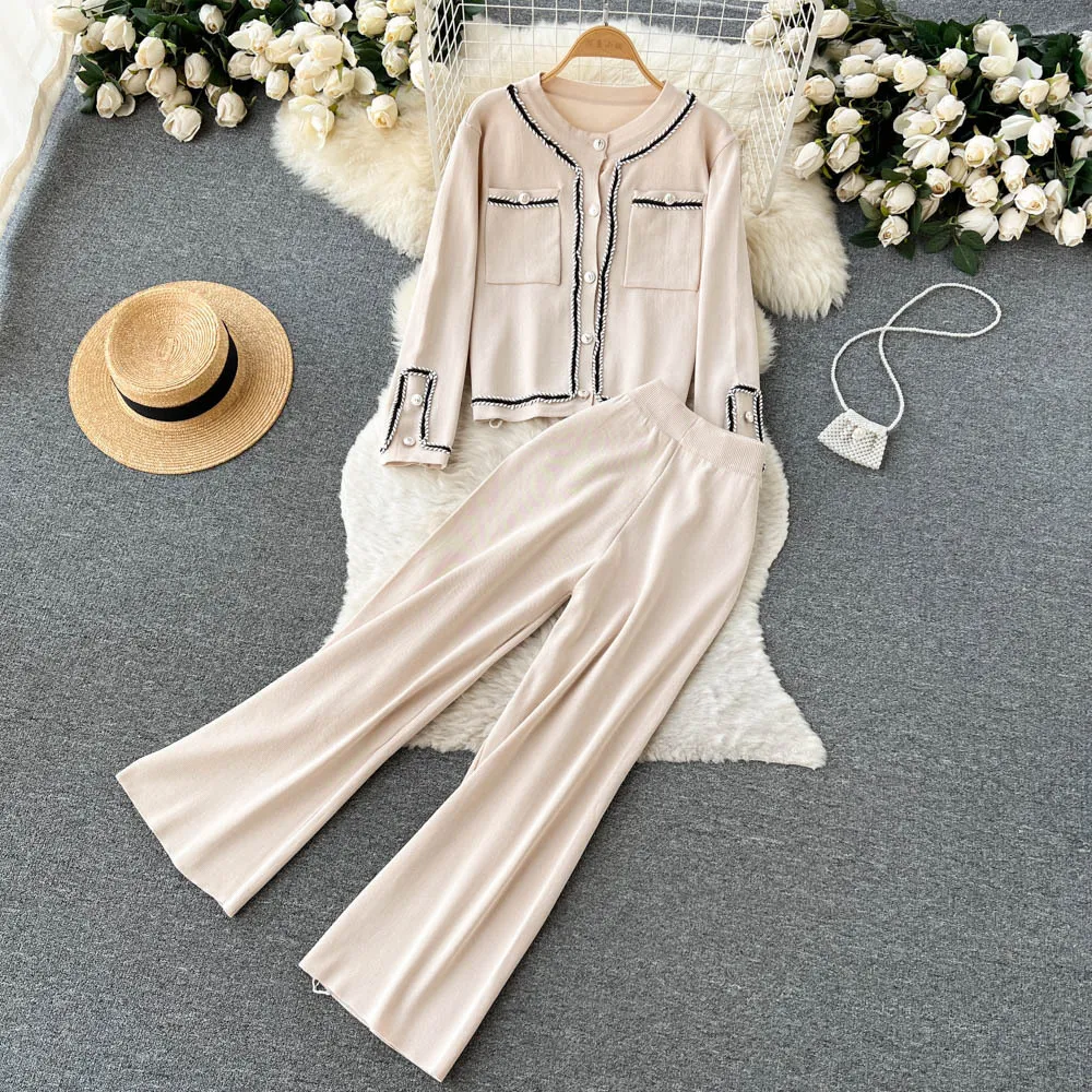 Autumn and Winter Fragrant Style Celebrity Set Women's Single Button Spliced Coat+Hanging High Waist Wide Leg Long Pants Two piece Set Fashion