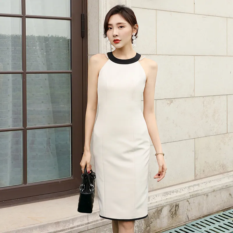 Yi Ge Li La New Product Sexy Shoulder Cutting, Contrast Color Split Slim Fit, Sleeveless Mid size Dress 64684