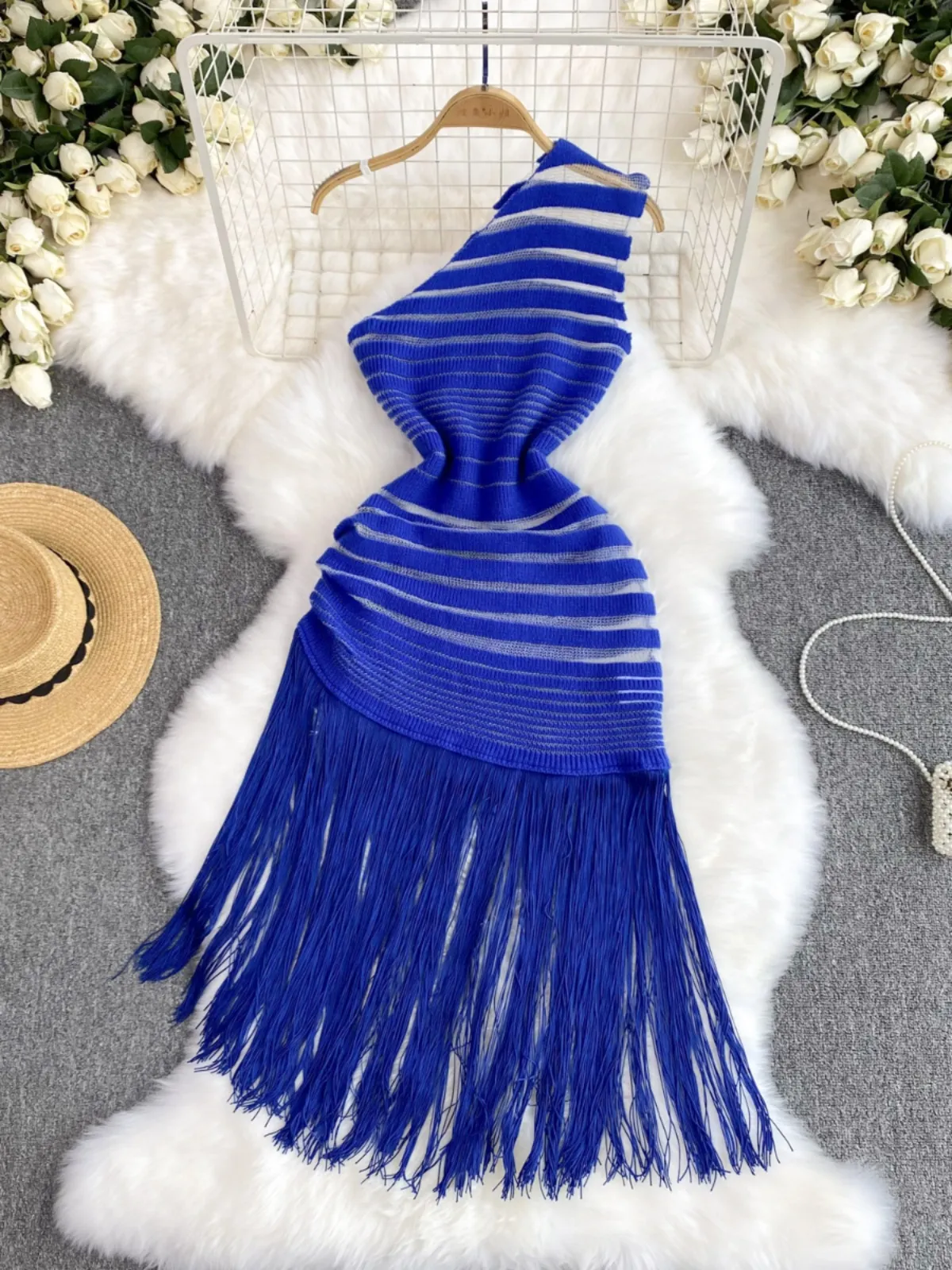 Sexy hollow out high slit dress for women's Instagram holiday wear Spicy girl slanted collar off shoulder slim fit fringe skirt