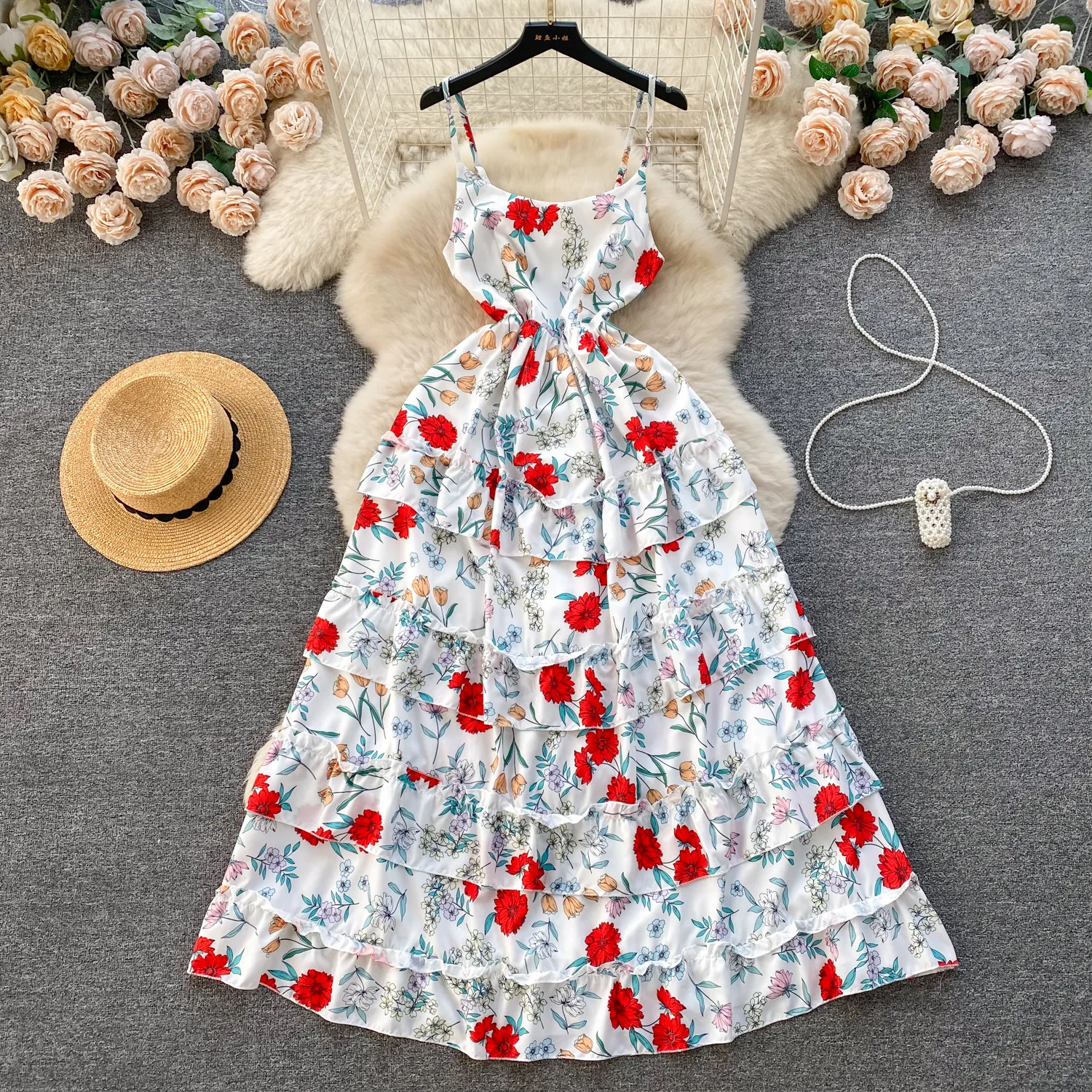 Sanya Vacation Dress French Sweet Fragmented Flower and Lotus Edge Big Display Cake Skirt Elegant Slim Fit Slim Strap Long Skirt