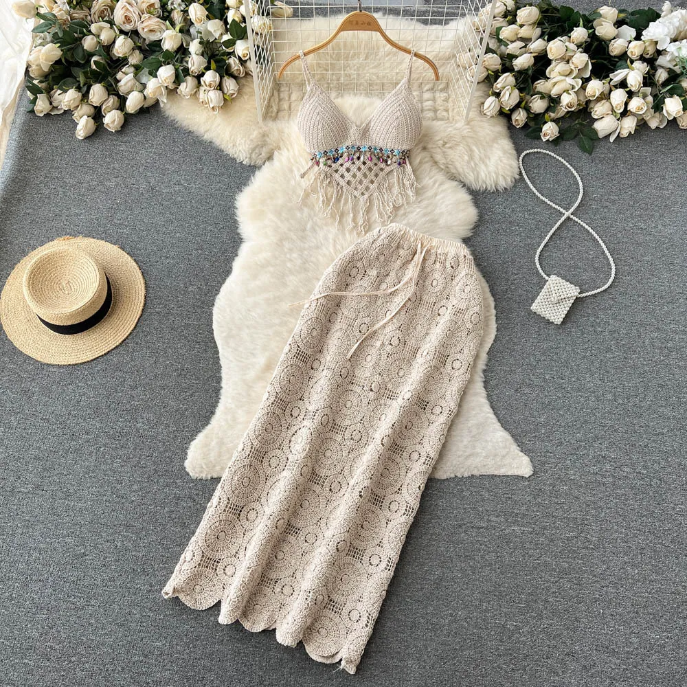 Bohemian hollowed out dress set for women in summer with chest pad, tassel suspender, bra, and hip wrap skirt, two-piece set