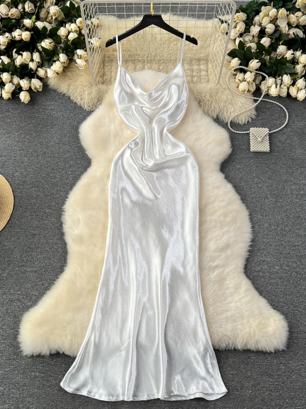 White mini dress for women's summer wear, new French style, noble and elegant, swinging collar, suspender, flowing satin dress