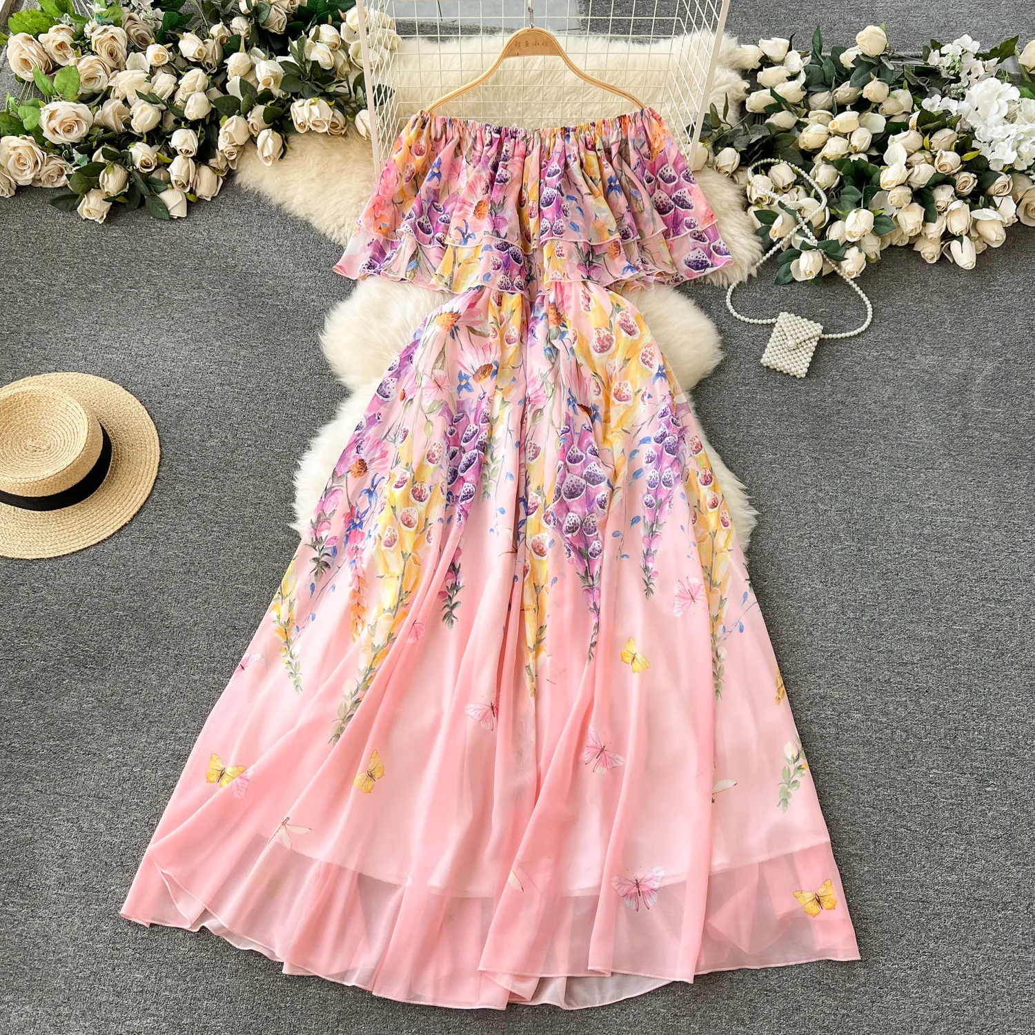 High end vacation dress, goddess style, sexy one line collar, exposed shoulder, lotus leaf edge, slim fit, long chiffon floral skirt