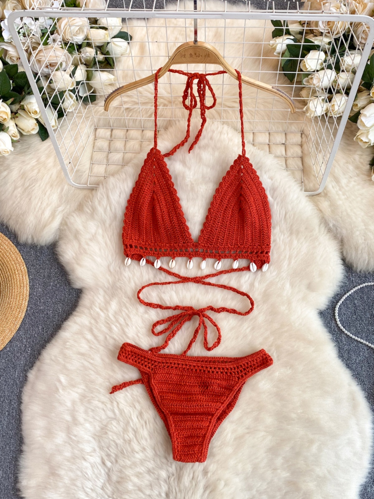 Bohemian vacation style retro crochet knit bikini two-piece set with sexy suspender vest and triangle pants