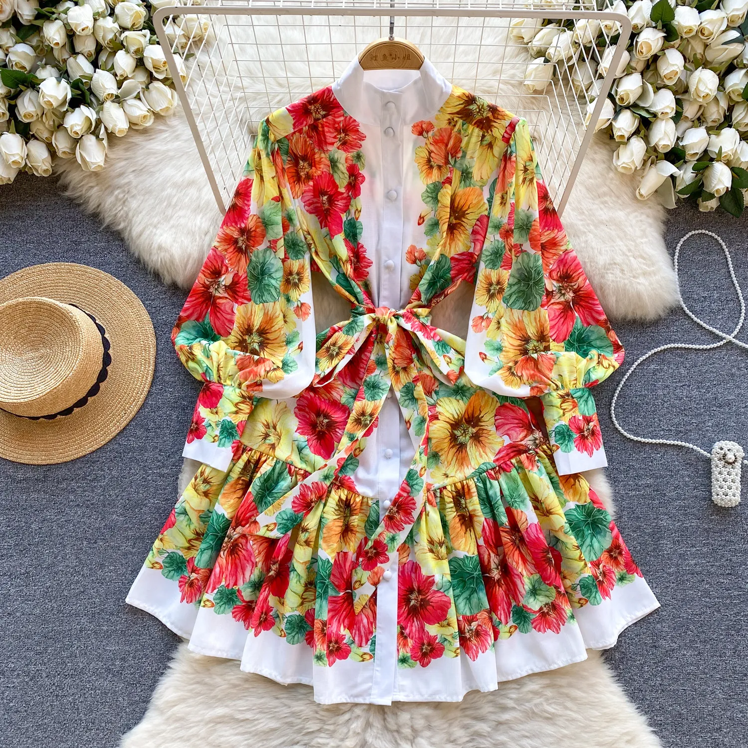 Fanhua series palace style dress, spring dress, women's design, printed slim fit short style, high-end small dress gift