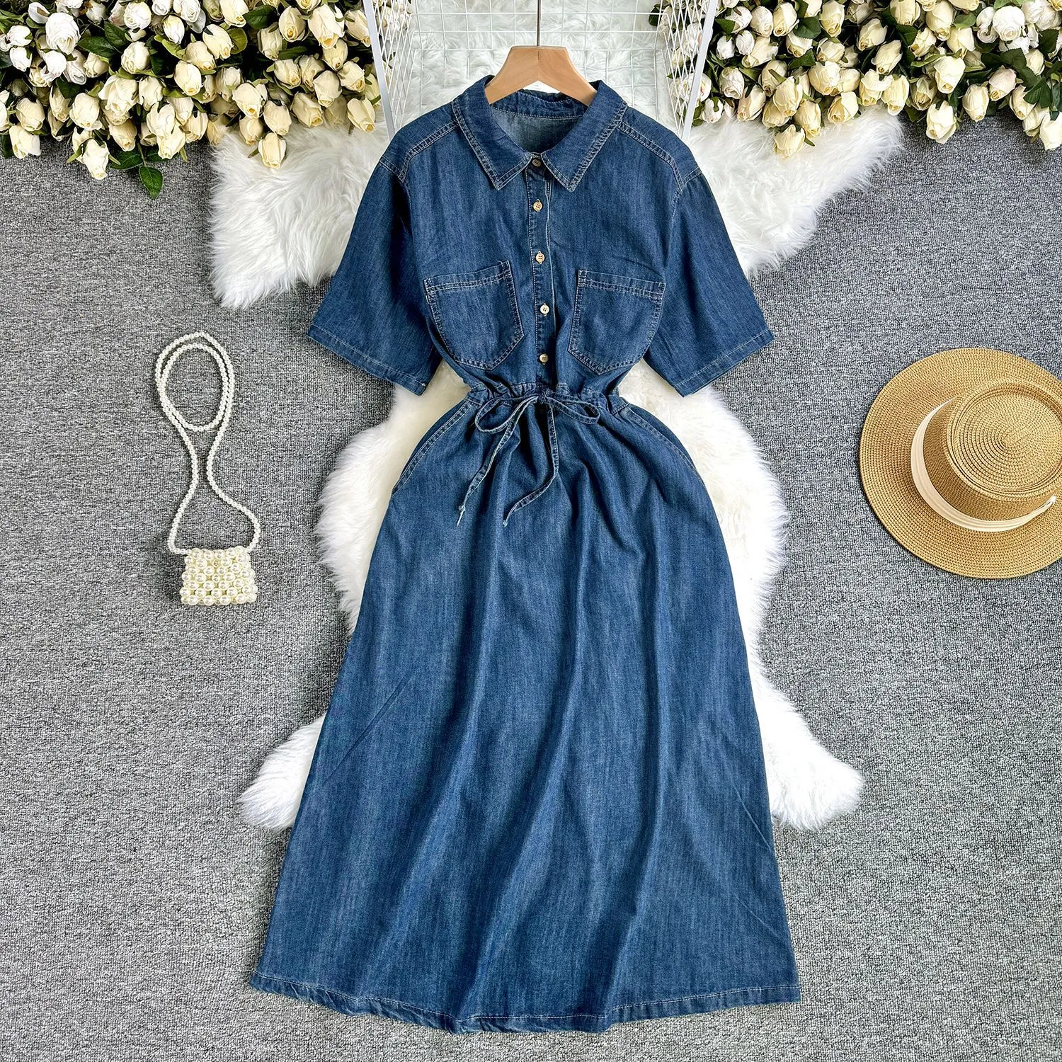 2024 Summer New Korean Style Fashionable Waist Tie up for Slim Style Mid length Casual Polo Neck Denim Dress