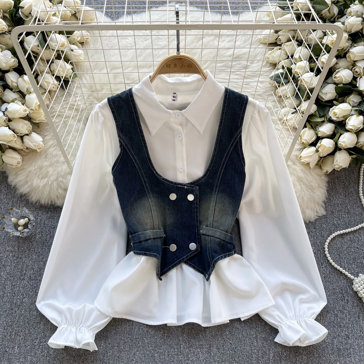 Chic Hong Kong style retro denim vest fashionable layered versatile short bubble sleeve shirt two-piece top