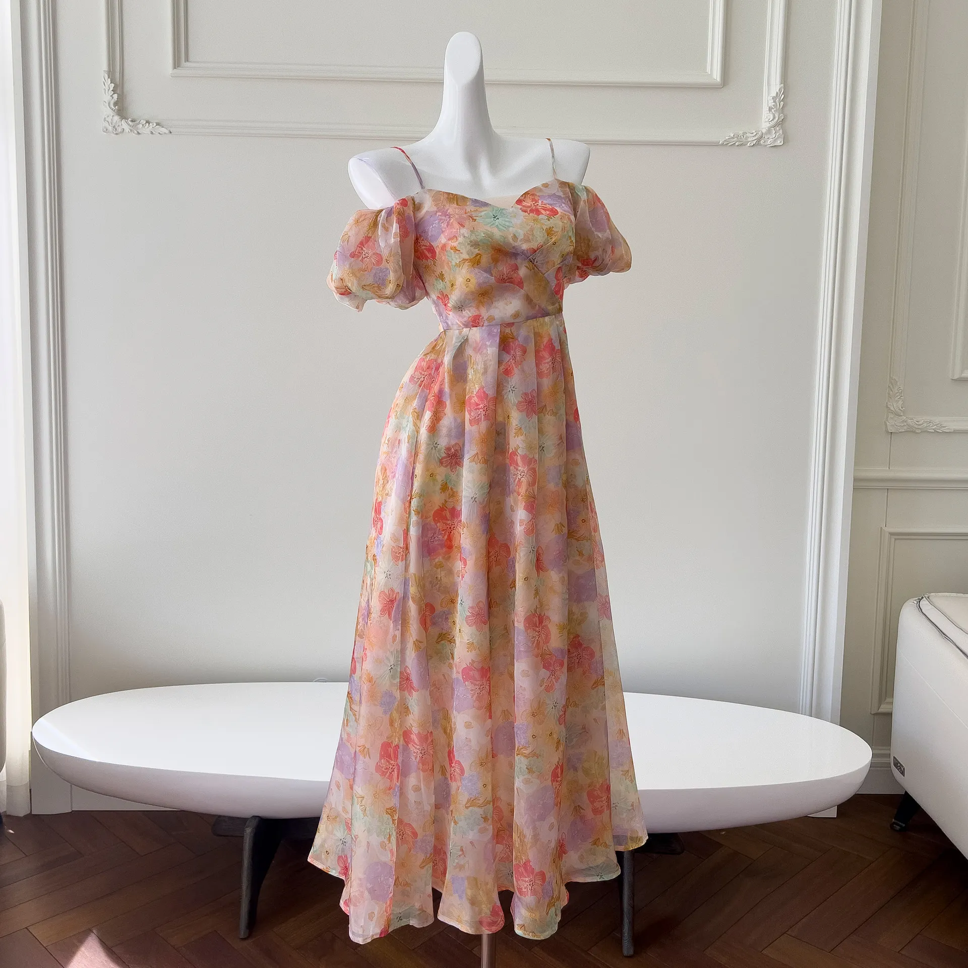 Summer New Style Gentlewoman Refreshing Chiffon Printed Flower Dress Beach Vacation Sling Skirt Length 67372