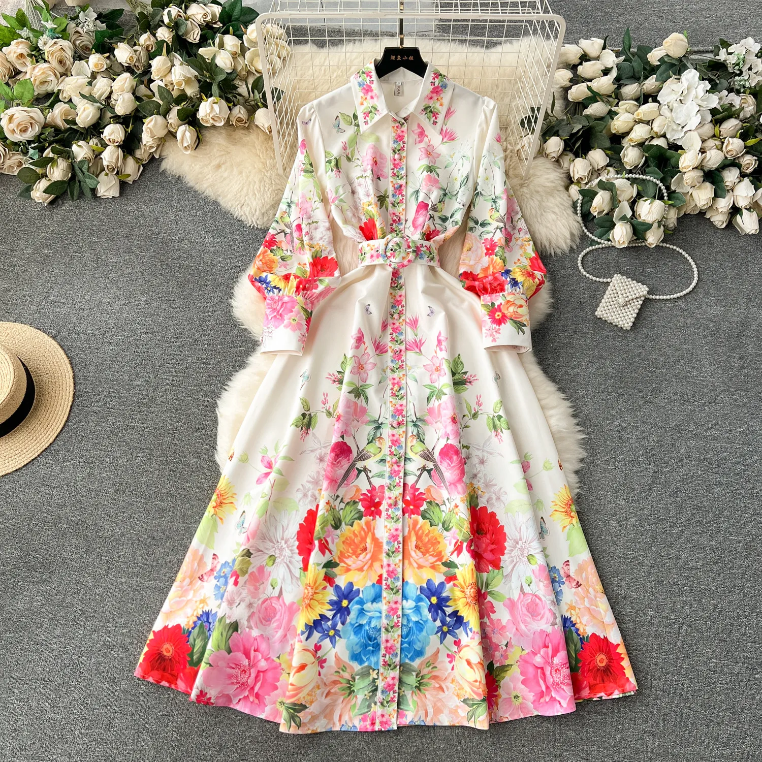 Fanhua Series Spring Shirt Collar Luxury Printed Button Slim Fit Long Dress with Bubble Sleeves