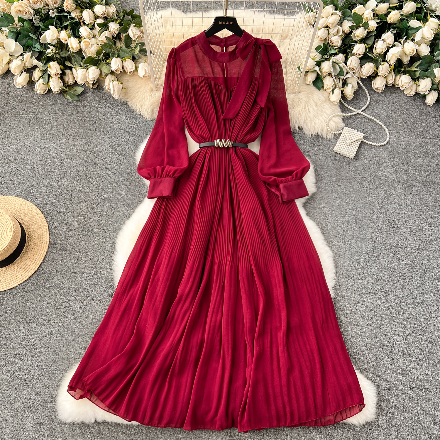 Early Spring Dress for Women 2024 New Sweet Bow Heavy Industry Pressed pleated Chiffon Long Skirt with Bubble Sleeves Holiday Skirt