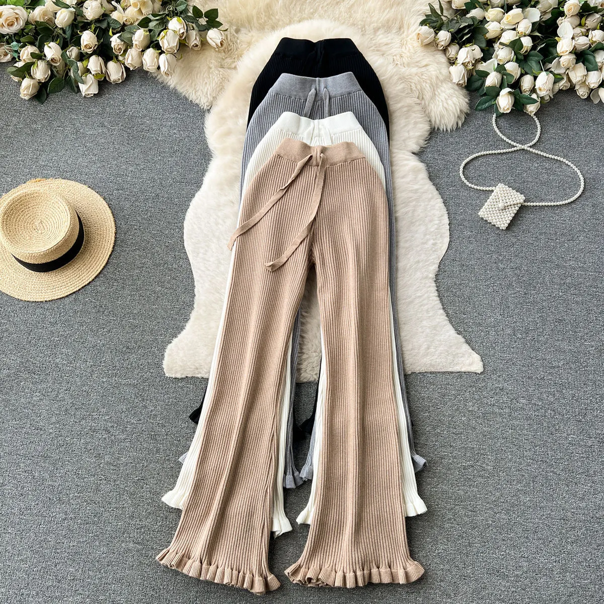 Minimalist and high-end knitted casual pants for women in autumn, high waisted and slim with tassel design, straight and draped floor mop pants