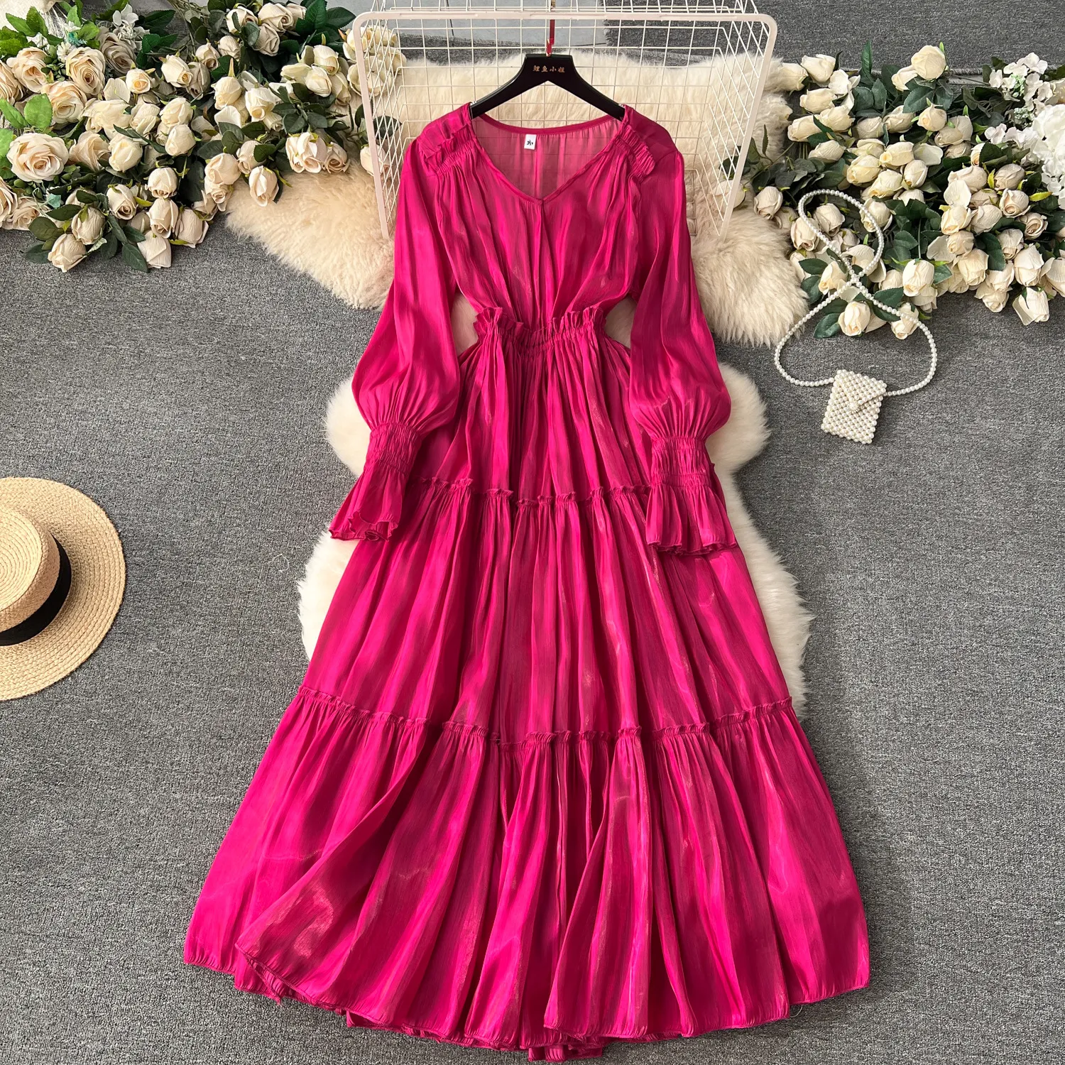 High end flowing satin annual meeting dress, can be worn in French dress, spring dress, women's new long dress for 2024