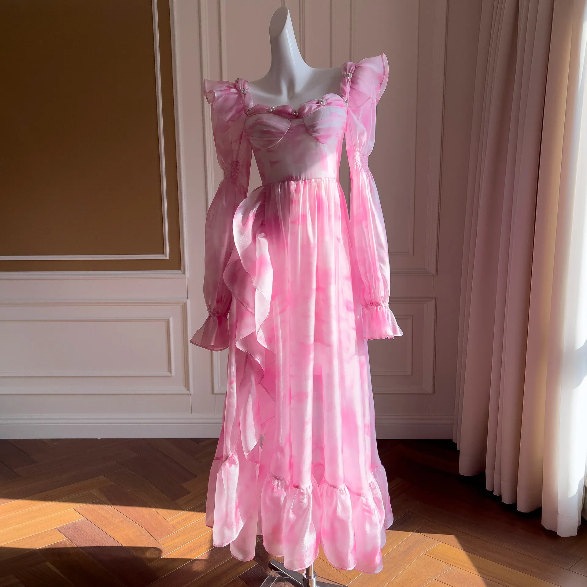 French Fairy Sweet Pink Velvet Chiffon Printed Dress Elegant Square Neck Beaded Horn Sleeves Long Dress 68264