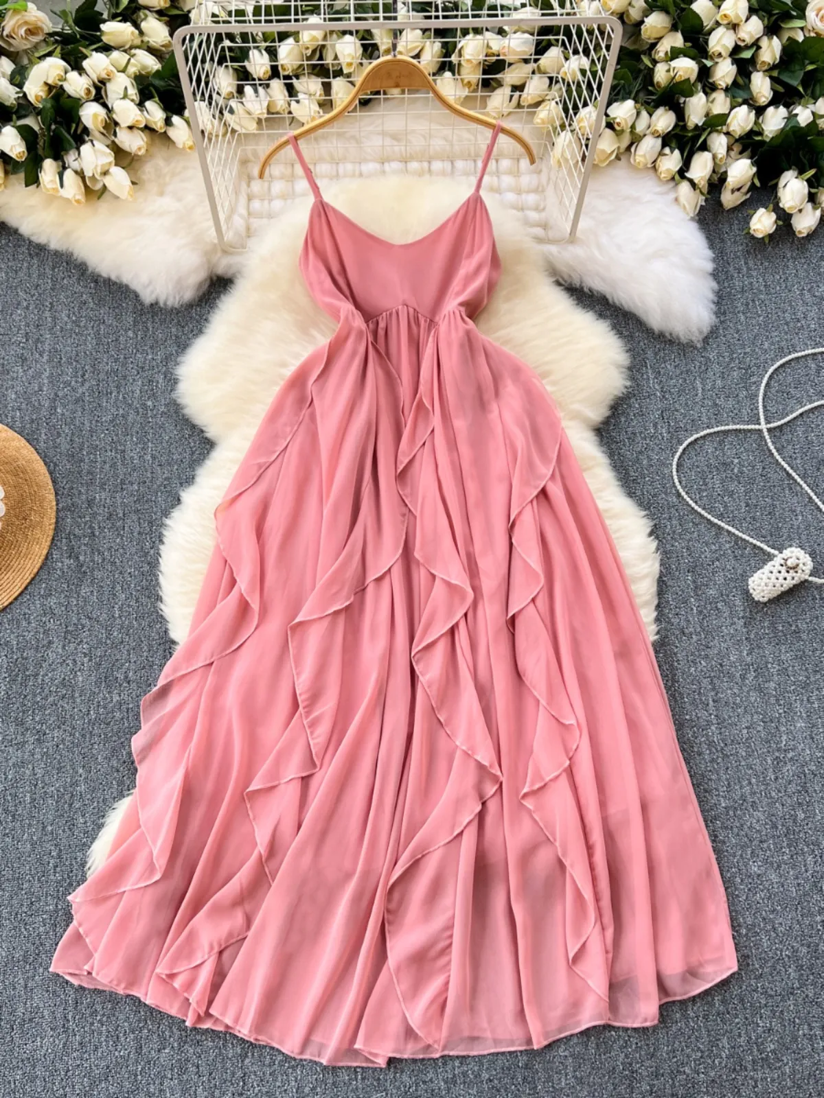 Pink camisole dress for women, French sweet and girlish, with ruffled edges and sleeveless vacation dress, fairy like long skirt
