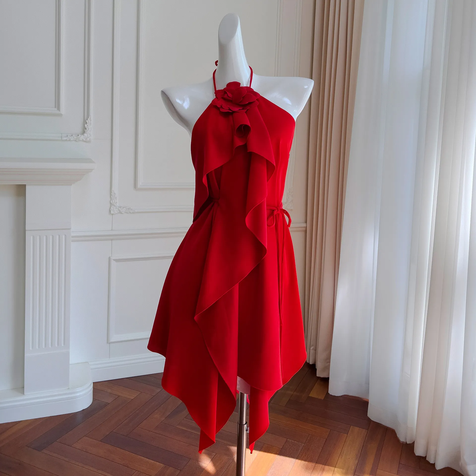 Cool Summer Wind Irregular Dress Temperament Hanging Neck Strap 3D Rose Blossom Sexy Dress 68044