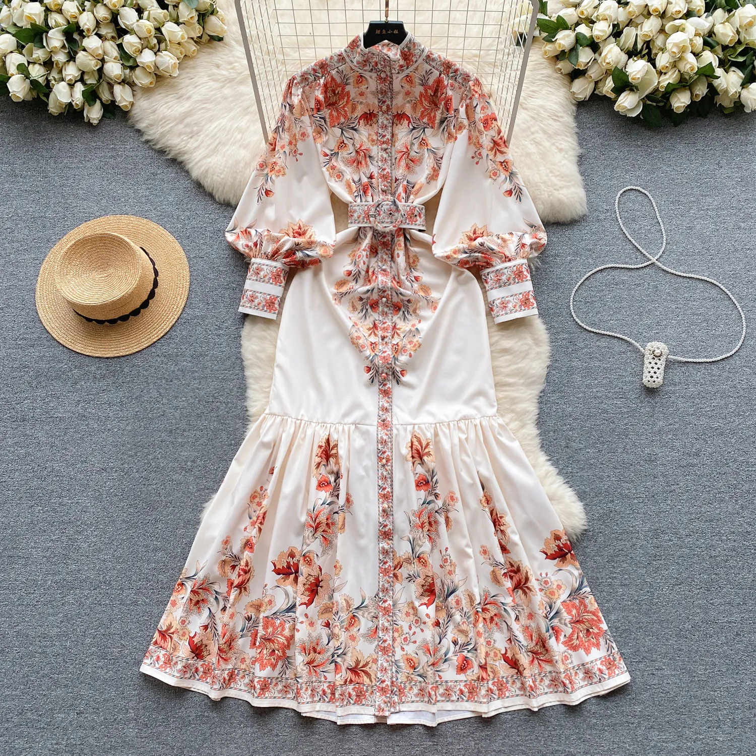 Palace style dress for women 2024 new spring shirt stand up collar slim fit long version design with lantern sleeves formal dress
