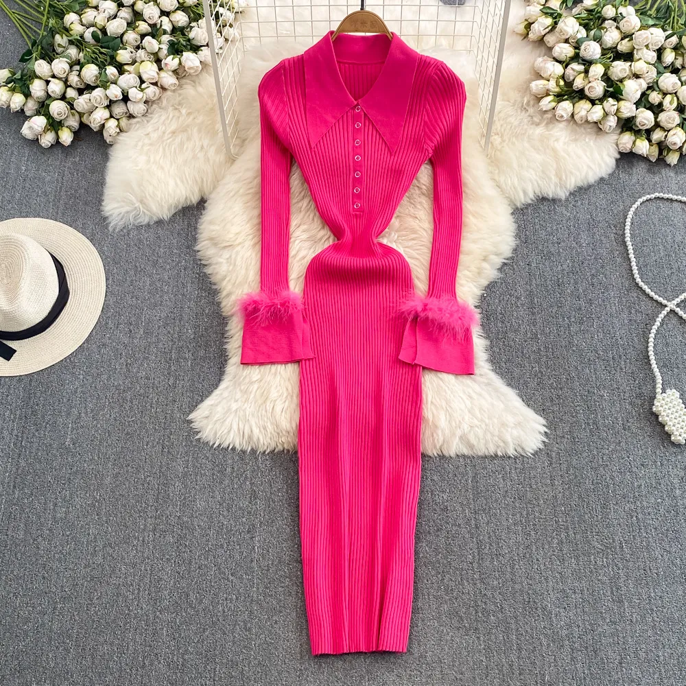 Light luxury and socialite style knitted dress for women in autumn and winter with a lapel and feather tight fitting design, high-end and niche temperament skirt