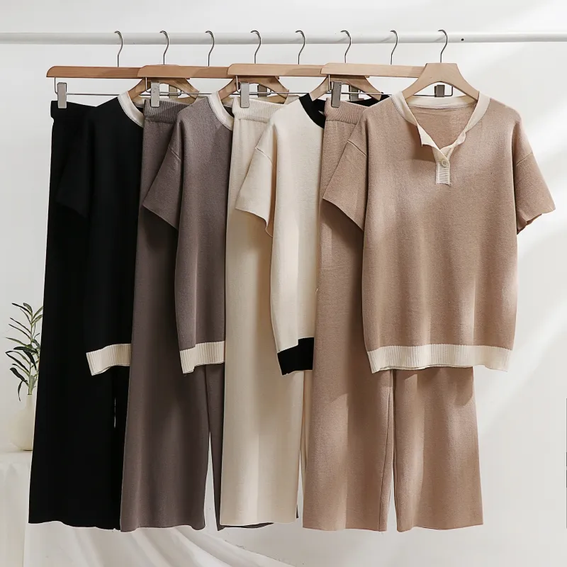 2023 Spring/Summer New Color Block Half Open Round Neck Top High Waist Wide Leg Pants Two Piece Fashion Knit Set