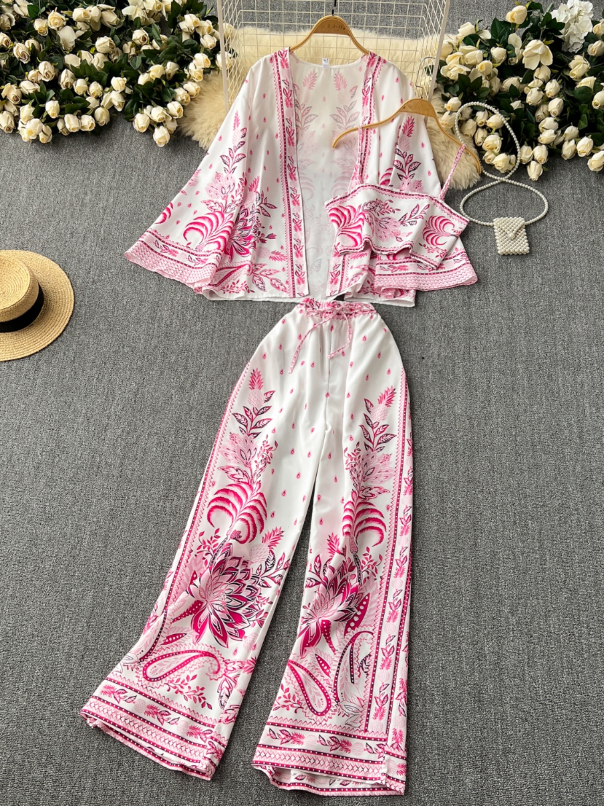 European and American trendy printed three piece set for women's short suspender vest with shawl cardigan jacket and versatile pants