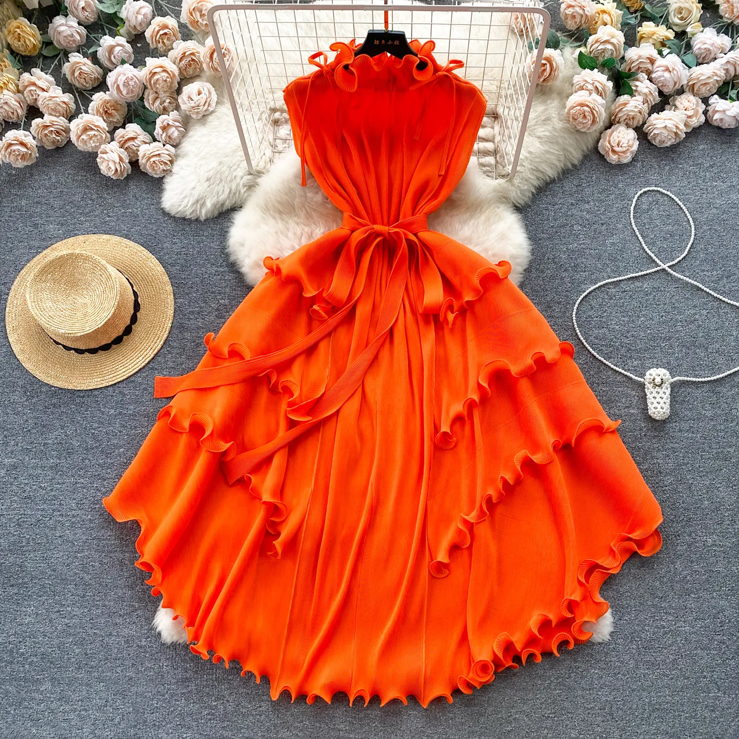 High end formal dress with sweet wood ear edge, slim fit, long heavy work pleated chiffon, high-end exquisite dress for spring wear
