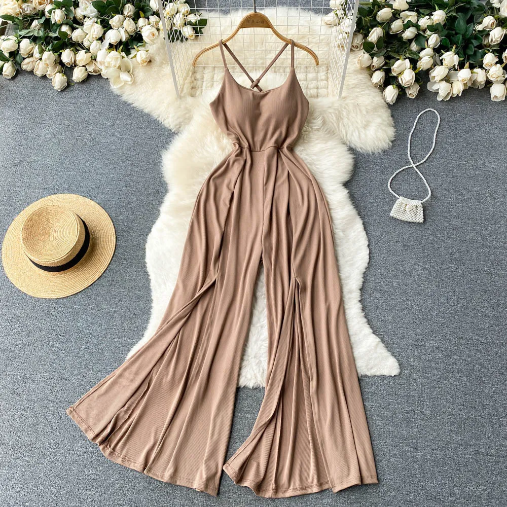 Sweet and spicy girl sexy back cross strap strapless jumpsuit with high waist and slim temperament, split wide leg pants