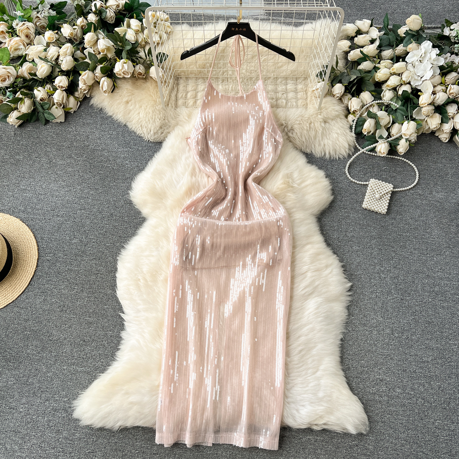 Celebrity style high-end light luxury sequin dress, sexy backless slim fit mid length version hanging neck dress for women's new style