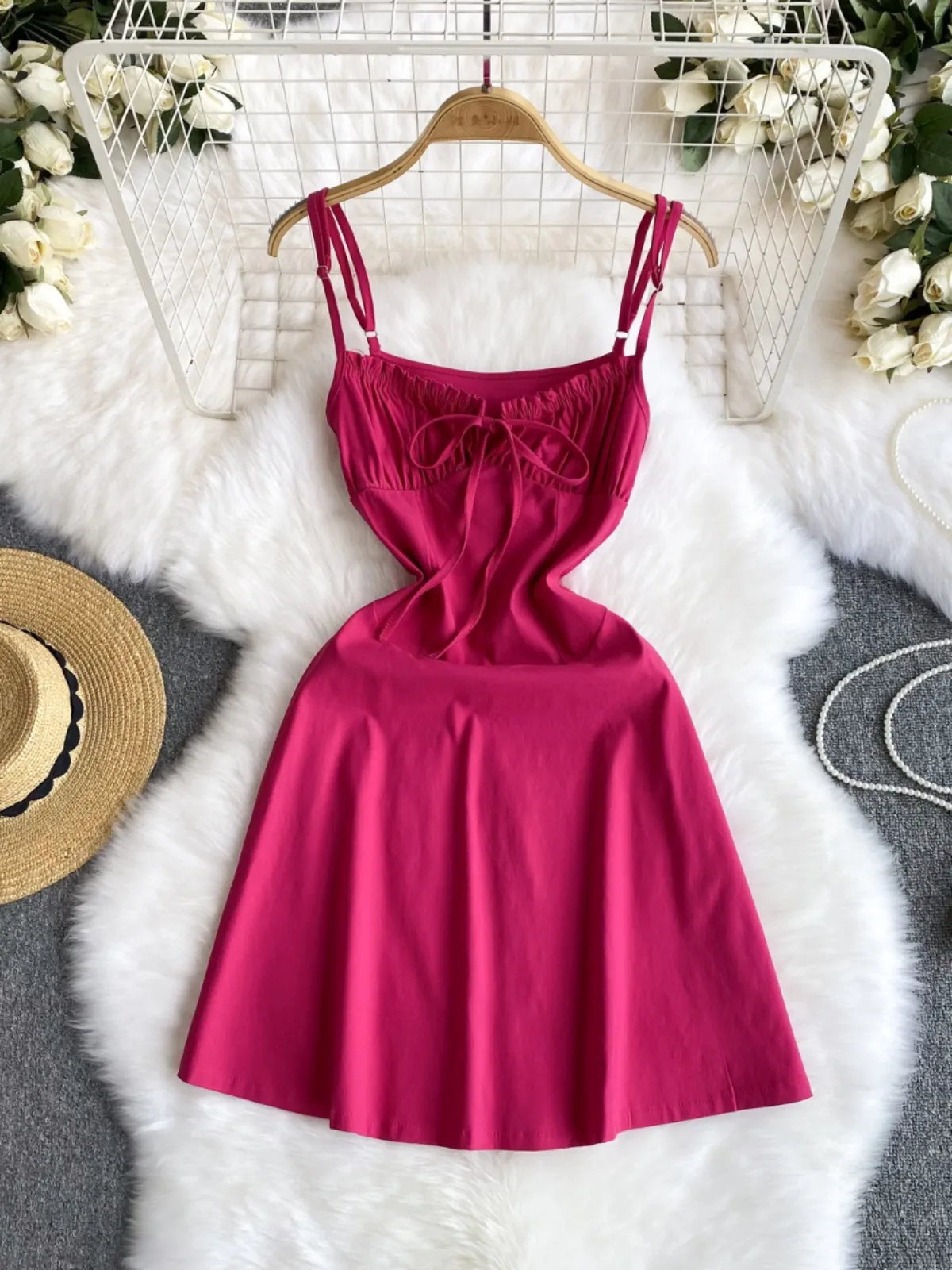 Pure desire spicy girl style camisole dress for women, summer strap pleated design, unique and slim waist style short skirt