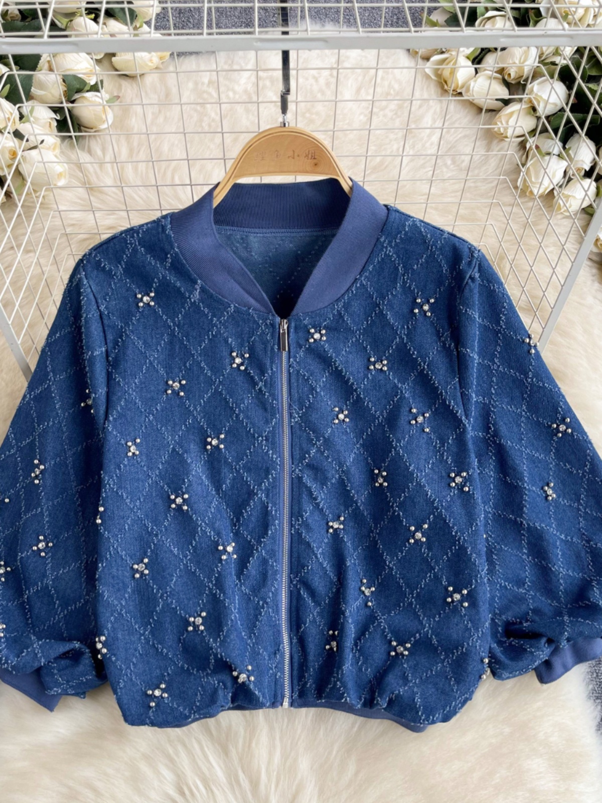 French style bubble sleeved shirt, women's short cardigan jacket, 2024 summer new heavy industry diamond inlaid versatile denim top