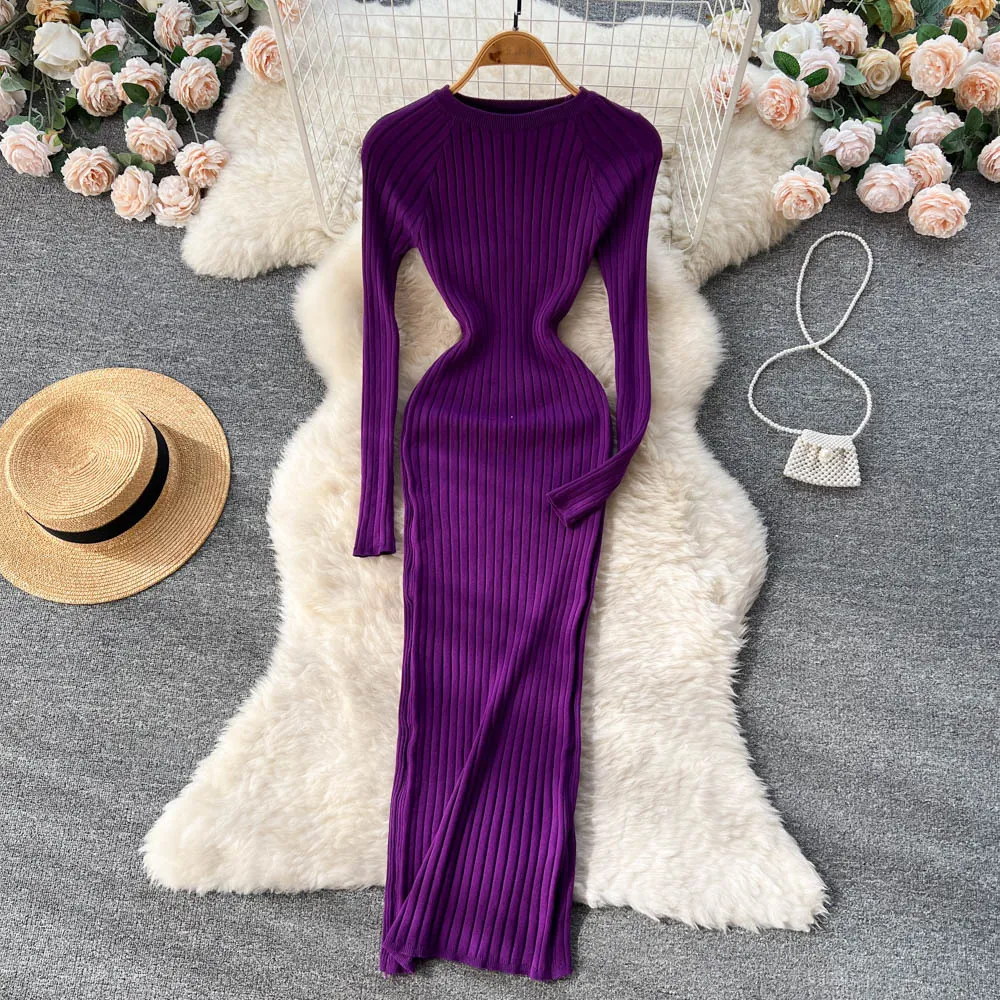 Autumn and Winter New Long sleeved Round Neck Sexy Slim Fit Dress for Women with Waist Tight and Temperament Wrapped Hip Skirt Bottom Long Skirt