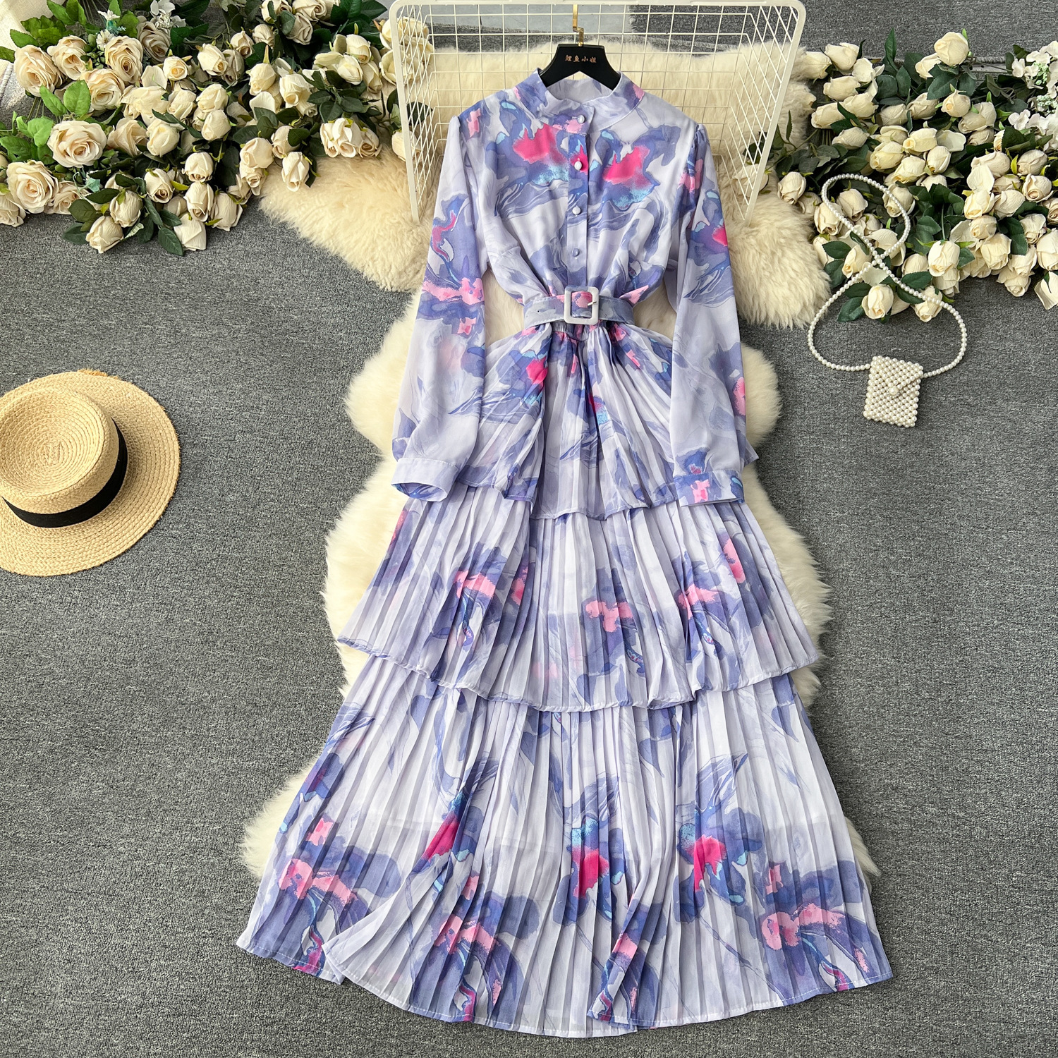 2024 early spring new French gentle style printed chiffon dress women's pleated ruffled edge cake skirt holiday skirt