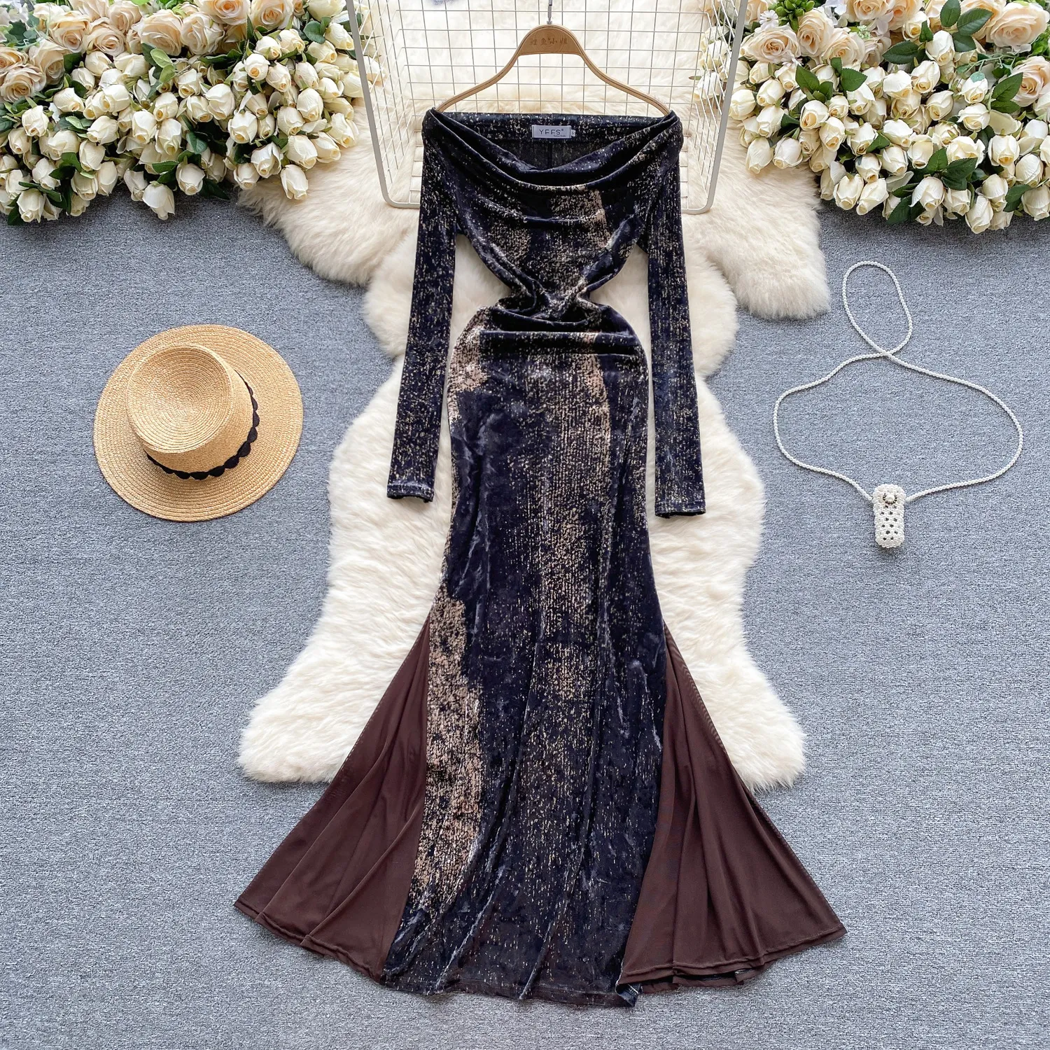 Retro high-end velvet dress for women with contrasting color patchwork, long fishtail skirt, temperament dress, spring dress